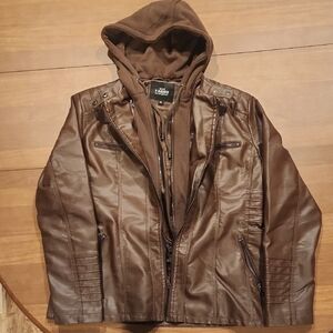 Zudio Brown Faux Leather Bomber Jacket with Hoodie